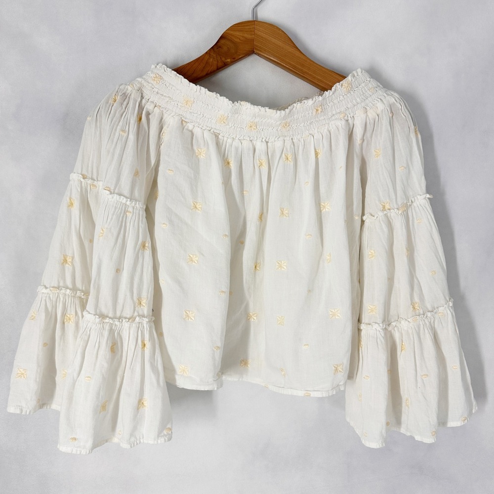 Shyanne White Cropped Embroidered Bell Sleeve Off the Shoulder Blouse Size Small